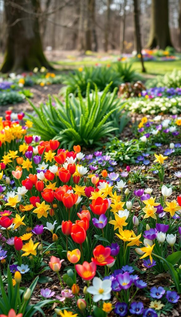 A cheerful, vibrant garden scene in early spring, with a lush foreground of blooming bulbs and perennials. Clusters of vibrant tulips, daffodils, and crocus in a riot of colors dot the landscape, complemented by the delicate blooms of primrose, hellebore, and woodland anemones. The middle ground features verdant foliage of emerging ferns and perennial groundcovers, while the background is softly blurred, suggesting a tranquil woodland setting. The lighting is natural and diffused, creating a warm, inviting atmosphere. Captured at a low angle, the composition emphasizes the abundant, energetic growth of these hardy, early-rising plants, ushering in the new season. A cheerful, vibrant garden scene in early spring, with a lush foreground of blooming bulbs and perennials. Clusters of vibrant tulips, daffodils, and crocus in a riot of colors dot the landscape, complemented by the delicate blooms of primrose, hellebore, and woodland anemones. The middle ground features verdant foliage of emerging ferns and perennial groundcovers, while the background is softly blurred, suggesting a tranquil woodland setting. The lighting is natural and diffused, creating a warm, inviting atmosphere. Captured at a low angle, the composition emphasizes the abundant, energetic growth of these hardy, early-rising plants, ushering in the new season.