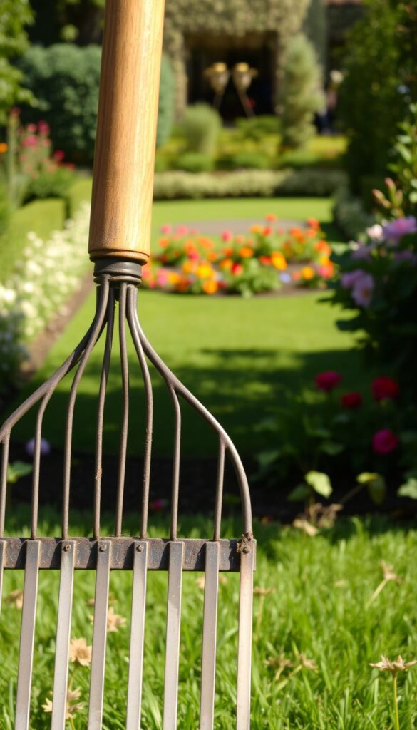 A classic garden rake in the foreground, its metal tines gleaming in warm, natural daylight. The rake's wooden handle is slightly worn, adding a rustic charm. In the middle ground, a lush, well-manicured lawn stretches out, inviting the viewer to imagine the satisfying task of raking leaves and debris. The background features a picturesque garden, filled with vibrant flowers and verdant foliage, creating a serene, peaceful atmosphere. The overall composition conveys a sense of order, productivity, and a connection to the natural world - the perfect tool for lawn maintenance.