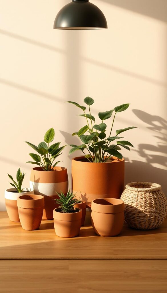 A clean, minimalist still life showcasing a variety of planters in different sizes, arranged neatly on a wooden surface. The planters range from small, shallow options to large, deep vessels, highlighting the importance of selecting the appropriate size based on the plant's root depth requirements. Warm, natural lighting from an overhead source casts soft shadows, emphasizing the textural details and materials of the planters, which include terracotta, ceramic, and woven designs. The composition is balanced and visually appealing, inviting the viewer to explore the relationship between plant and planter. A clean, minimalist still life showcasing a variety of planters in different sizes, arranged neatly on a wooden surface. The planters range from small, shallow options to large, deep vessels, highlighting the importance of selecting the appropriate size based on the plant's root depth requirements. Warm, natural lighting from an overhead source casts soft shadows, emphasizing the textural details and materials of the planters, which include terracotta, ceramic, and woven designs. The composition is balanced and visually appealing, inviting the viewer to explore the relationship between plant and planter.