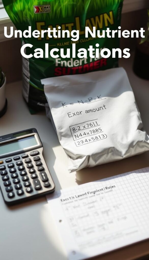A clean, well-lit desktop with a calculator, graph paper, and a bag of lawn fertilizer prominently displayed. The calculator's screen shows a detailed calculation, illustrating the process of converting the N-P-K ratios on the bag into the exact amounts needed for the lawn. A soft, natural light illuminates the scene, creating a sense of focus and clarity. The overall mood is one of precision and problem-solving, reflecting the informative nature of the article's section on understanding nutrient calculations.