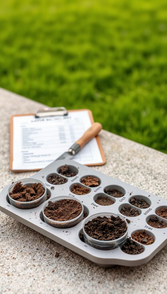 A clean, well-lit soil sample tray resting on a neutral, textured surface. In the foreground, several soil samples in small, labeled containers, showcasing the range of soil types and textures. In the middle ground, a gardening trowel and a clipboard with a soil test report. The background features a soft, blurred landscape of a lush, green lawn, hinting at the connection between soil health and thriving grass. The overall scene conveys a sense of scientific inquiry and a commitment to understanding the foundation for a healthy, natural lawn.
