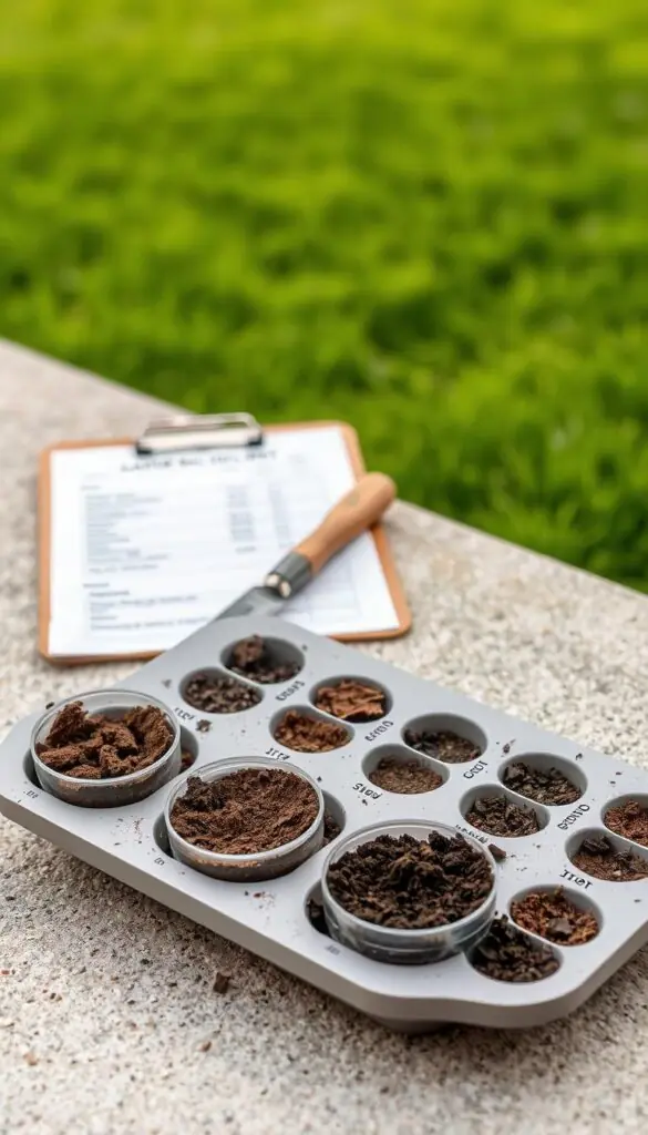 A clean, well-lit soil sample tray resting on a neutral, textured surface. In the foreground, several soil samples in small, labeled containers, showcasing the range of soil types and textures. In the middle ground, a gardening trowel and a clipboard with a soil test report. The background features a soft, blurred landscape of a lush, green lawn, hinting at the connection between soil health and thriving grass. The overall scene conveys a sense of scientific inquiry and a commitment to understanding the foundation for a healthy, natural lawn. A clean, well-lit soil sample tray resting on a neutral, textured surface. In the foreground, several soil samples in small, labeled containers, showcasing the range of soil types and textures. In the middle ground, a gardening trowel and a clipboard with a soil test report. The background features a soft, blurred landscape of a lush, green lawn, hinting at the connection between soil health and thriving grass. The overall scene conveys a sense of scientific inquiry and a commitment to understanding the foundation for a healthy, natural lawn.