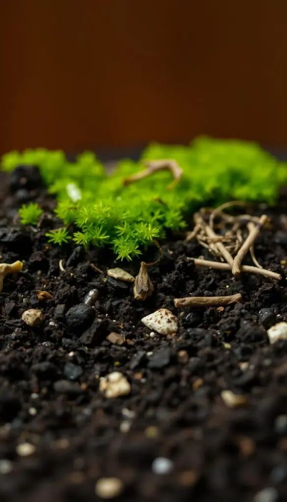 A close-up, high-resolution photograph of a rich, nutrient-dense soil mix, perfect for growing healthy holiday plants. The foreground showcases a mix of dark, loamy soil, lightly flecked with bits of organic matter and perlite. In the middle ground, lush, verdant moss and finely shredded bark add texture and depth. The background features a warm, diffused lighting, creating a soft, inviting atmosphere, as if the soil is glowing from within. Captured with a macro lens, the image highlights the intricate details and natural variations within the soil, conveying the importance of providing the right growing medium for thriving holiday plants.