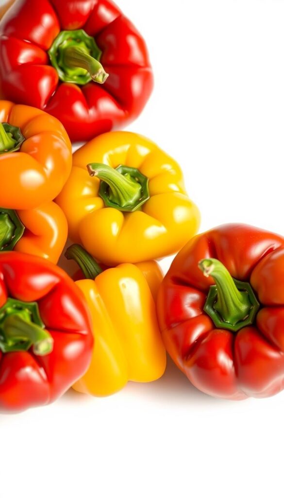 A close-up, high-resolution photograph of freshly harvested bell peppers in various colors - red, orange, yellow, and green - arranged in a row against a bright, clean white background. The peppers should have a glossy, vibrant appearance, with visible details like their smooth skin, distinct lobes, and stems. The lighting should be soft and diffused, creating a warm, natural glow that accentuates the peppers' vibrant hues. The focus should be sharp, capturing the intricate textures and subtle variations in each pepper's shape and size. The overall composition should feel balanced and visually appealing, with the peppers taking up a significant portion of the frame.