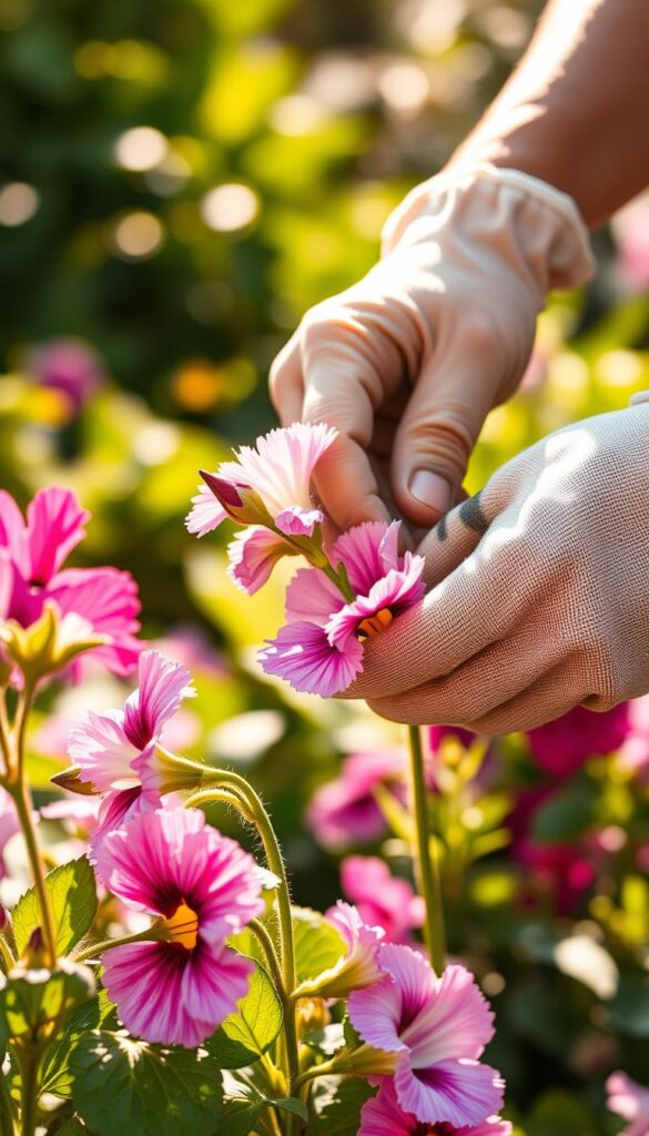 A close-up image of a gardener's hands carefully deadheading spent blooms from vibrant, colorful flowers in a lush, sun-dappled garden. The flowers appear to be petunias, with delicate, fringed petals in shades of pink, purple, and white. The gardener's hands, wearing gardening gloves, gently pinch the spent flower heads, revealing the fresh, green stems and buds beneath. The background is out of focus, creating a soft, bokeh effect that emphasizes the tactile, detailed nature of the deadheading process. The lighting is warm and natural, casting a golden glow over the scene and highlighting the texture of the flower petals. The overall mood is one of careful, intentional gardening, with a focus on nurturing the plants to encourage ongoing bloom.