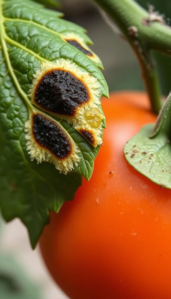 A close-up image of bacterial spot on a tomato leaf and fruit, captured with a macro lens in natural daylight. The leaf shows dark, angular lesions with distinct pale halos, while the fruit displays small, scattered dark flecks. The focus is sharp, emphasizing the textural details of the diseased tissue. The lighting is soft and diffused, creating a natural, documentary-style aesthetic. The background is slightly blurred, keeping the attention on the affected plant parts. A close-up image of bacterial spot on a tomato leaf and fruit, captured with a macro lens in natural daylight. The leaf shows dark, angular lesions with distinct pale halos, while the fruit displays small, scattered dark flecks. The focus is sharp, emphasizing the textural details of the diseased tissue. The lighting is soft and diffused, creating a natural, documentary-style aesthetic. The background is slightly blurred, keeping the attention on the affected plant parts.