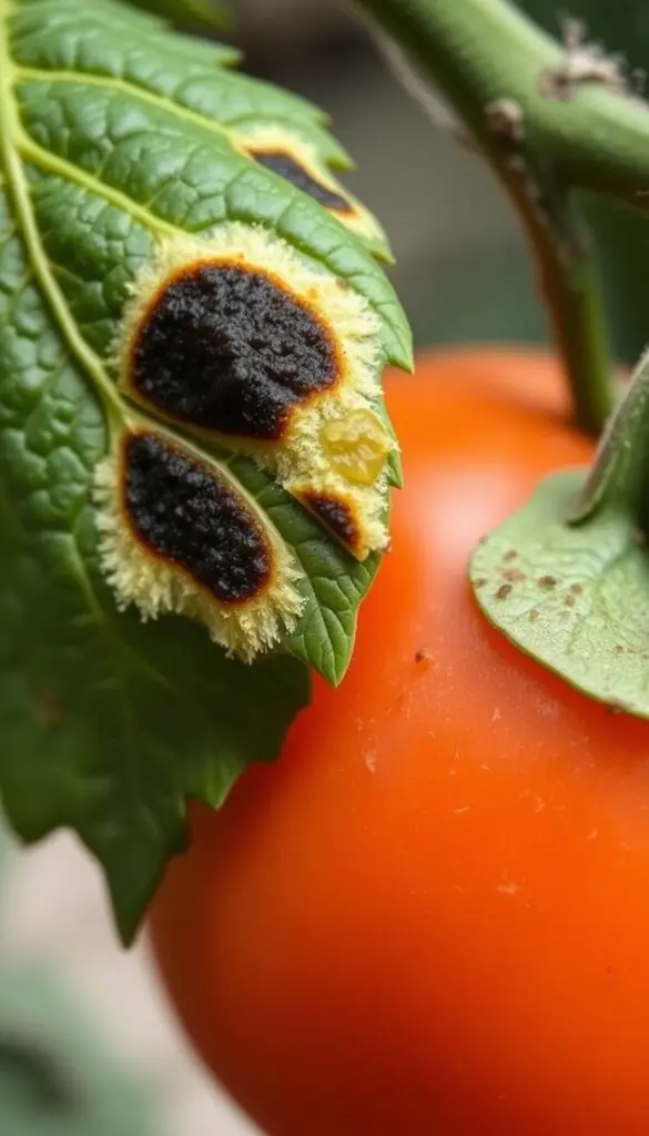 A close-up image of bacterial spot on a tomato leaf and fruit, captured with a macro lens in natural daylight. The leaf shows dark, angular lesions with distinct pale halos, while the fruit displays small, scattered dark flecks. The focus is sharp, emphasizing the textural details of the diseased tissue. The lighting is soft and diffused, creating a natural, documentary-style aesthetic. The background is slightly blurred, keeping the attention on the affected plant parts. A close-up image of bacterial spot on a tomato leaf and fruit, captured with a macro lens in natural daylight. The leaf shows dark, angular lesions with distinct pale halos, while the fruit displays small, scattered dark flecks. The focus is sharp, emphasizing the textural details of the diseased tissue. The lighting is soft and diffused, creating a natural, documentary-style aesthetic. The background is slightly blurred, keeping the attention on the affected plant parts.