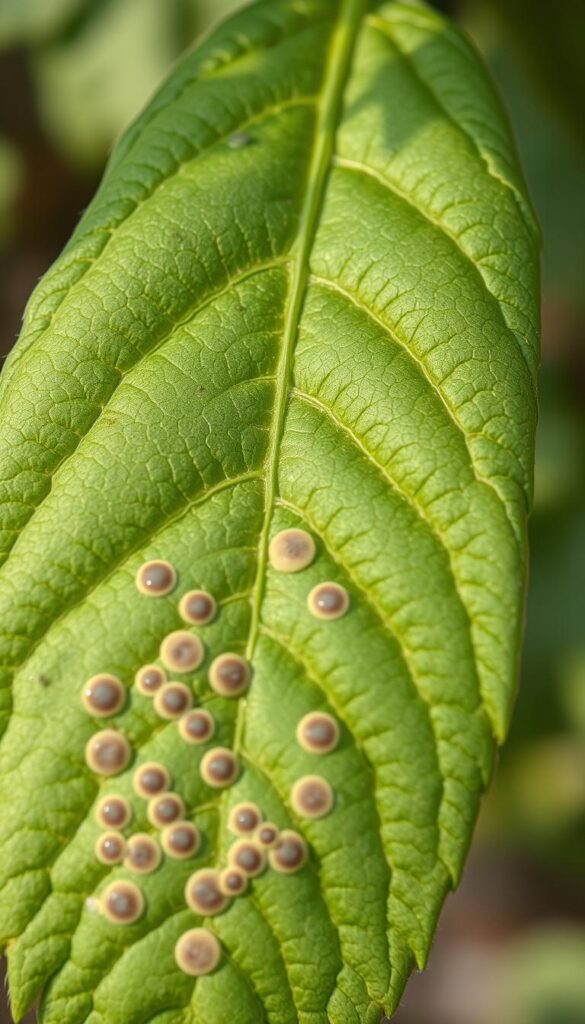A close-up macro photograph of a tomato leaf with septoria leaf spot disease. The leaf is in the foreground, filling the frame, with a shallow depth of field blurring the background. The leaf surface is textured, with tiny grayish-brown circular spots scattered across the lower portion, gradually spreading upwards. Soft, natural lighting illuminates the leaf, casting gentle shadows that accentuate the spot patterns. The image has a muted, earthy color palette, conveying the organic nature of the disease. The overall tone is one of scientific observation, highlighting the specific symptoms of this common tomato ailment. A close-up macro photograph of a tomato leaf with septoria leaf spot disease. The leaf is in the foreground, filling the frame, with a shallow depth of field blurring the background. The leaf surface is textured, with tiny grayish-brown circular spots scattered across the lower portion, gradually spreading upwards. Soft, natural lighting illuminates the leaf, casting gentle shadows that accentuate the spot patterns. The image has a muted, earthy color palette, conveying the organic nature of the disease. The overall tone is one of scientific observation, highlighting the specific symptoms of this common tomato ailment.
