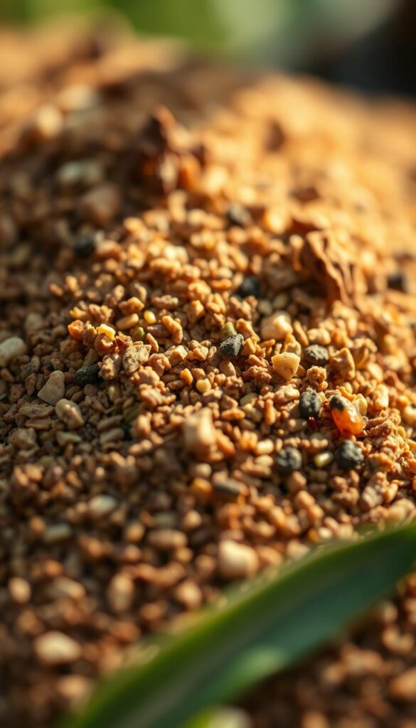 A close-up macro shot of a pile of granular organic fertilizer, with a soft, warm, natural lighting illuminating the rich brown and green tones. The fertilizer is composed of various natural ingredients like compost, bone meal, and kelp, texturally varied with both fine and coarse particles. The foreground is in sharp focus, while the middle ground and background are gently blurred, creating a sense of depth and emphasizing the tactile, material qualities of the fertilizer. The overall mood is one of nourishment, vitality, and earthiness, evoking the importance of soil health and plant nutrition. A close-up macro shot of a pile of granular organic fertilizer, with a soft, warm, natural lighting illuminating the rich brown and green tones. The fertilizer is composed of various natural ingredients like compost, bone meal, and kelp, texturally varied with both fine and coarse particles. The foreground is in sharp focus, while the middle ground and background are gently blurred, creating a sense of depth and emphasizing the tactile, material qualities of the fertilizer. The overall mood is one of nourishment, vitality, and earthiness, evoking the importance of soil health and plant nutrition.