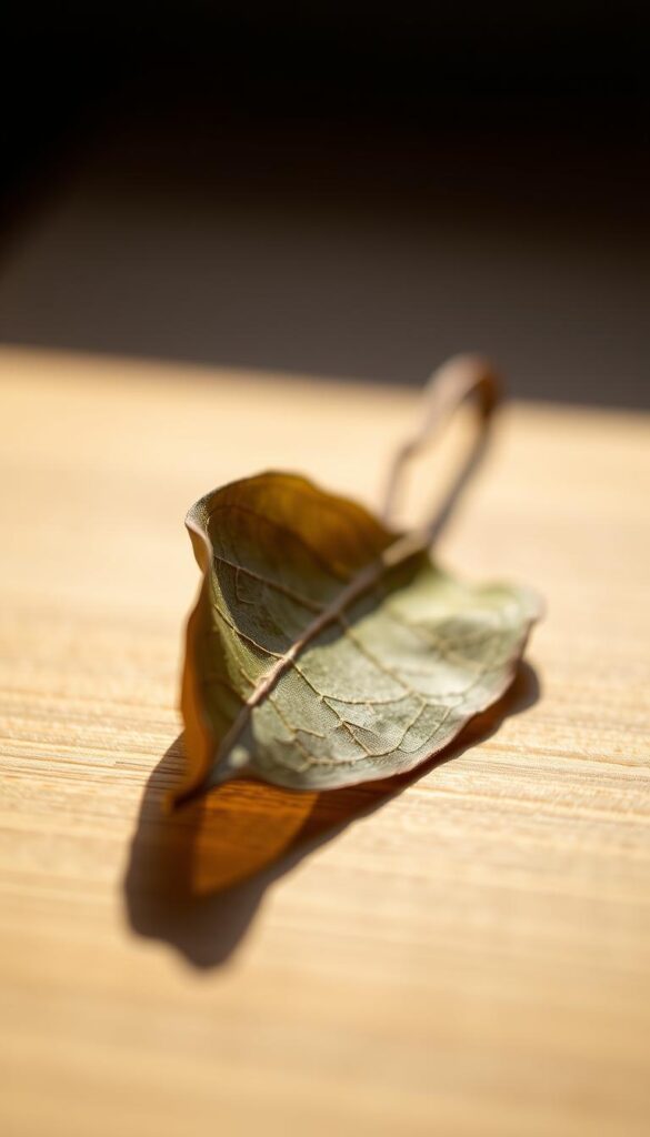 A close-up of a delicate, drying leaf resting on a smooth, wooden surface. The leaf's veins are accentuated by the warm, soft lighting, casting gentle shadows that add depth and texture. The background is slightly blurred, creating a serene and meditative atmosphere, allowing the leaf to be the focal point. The leaf's edges are curled slightly, indicating its gradual transition from lush green to a muted, earthy tone. The overall composition suggests a natural, calming scene, perfectly suited to illustrate the "Drying, Shining, and Natural Finishes" section of the article.