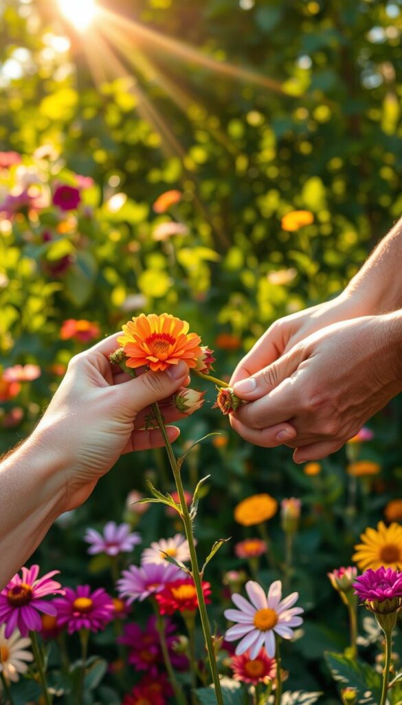 A close-up of a gardener's hands carefully removing the spent blooms of colorful flowers, with a lush, vibrant garden filling the background. The sunlight filters through the leaves, casting a warm, golden glow over the scene. The flowers' petals are delicately held, as the gardener's motions showcase the precise technique of deadheading, a crucial step to encourage further blooms and a longer flowering season. The image conveys the importance of this nurturing garden task, with a sense of tranquility and the joy of tending to a flourishing outdoor space.