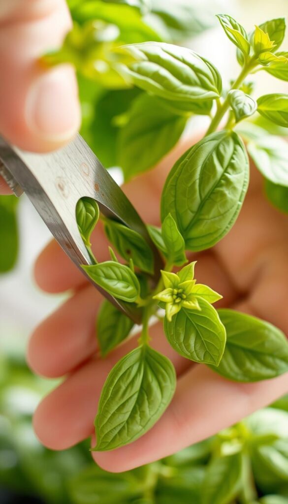 A close-up of a hand tenderly pruning lush, verdant basil leaves, revealing the plant's interior structure and new growth emerging. Soft, diffused natural lighting highlights the vibrant green hues and delicate texture of the foliage. The pruned stems create an appealing, symmetrical shape, suggesting a methodical, caring approach. The background is blurred, placing the focus entirely on the essential step-by-step process of pruning to promote a bushier, healthier basil plant. A close-up of a hand tenderly pruning lush, verdant basil leaves, revealing the plant's interior structure and new growth emerging. Soft, diffused natural lighting highlights the vibrant green hues and delicate texture of the foliage. The pruned stems create an appealing, symmetrical shape, suggesting a methodical, caring approach. The background is blurred, placing the focus entirely on the essential step-by-step process of pruning to promote a bushier, healthier basil plant.