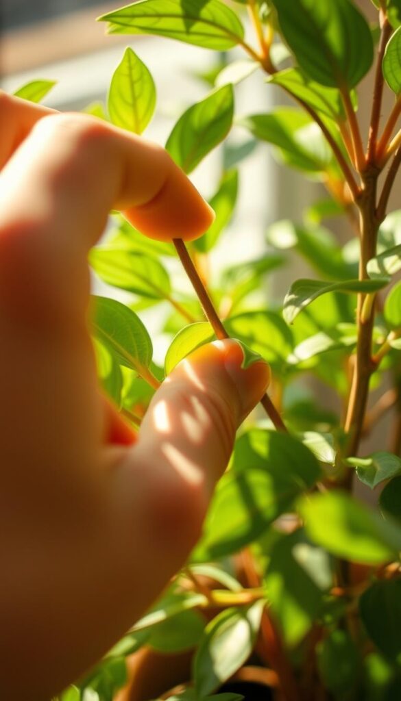 A close-up of a human hand carefully pruning lush green leaves, revealing the plant's healthy interior. Soft, natural lighting gently illuminates the scene, casting warm shadows across the plant's vibrant foliage. The image is captured with a shallow depth of field, keeping the foreground subject in sharp focus while the background blurs into a dreamy, out-of-focus haze. The overall mood is one of mindful care and attention, reflecting the patient, meticulous process of pruning to maintain a compact, thriving indoor plant. A close-up of a human hand carefully pruning lush green leaves, revealing the plant's healthy interior. Soft, natural lighting gently illuminates the scene, casting warm shadows across the plant's vibrant foliage. The image is captured with a shallow depth of field, keeping the foreground subject in sharp focus while the background blurs into a dreamy, out-of-focus haze. The overall mood is one of mindful care and attention, reflecting the patient, meticulous process of pruning to maintain a compact, thriving indoor plant.
