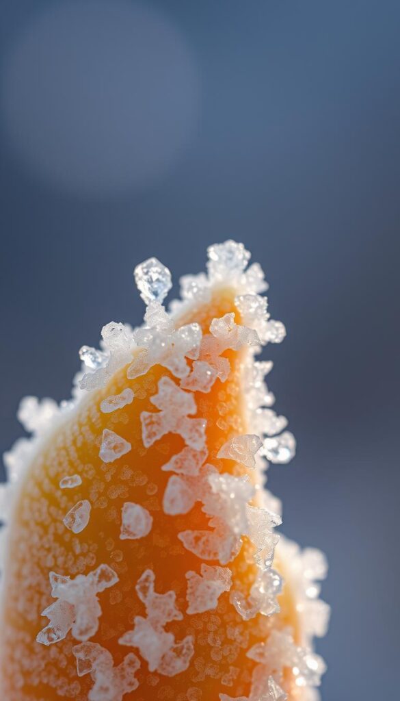 A close-up of delicate, translucent ice crystals glistening on the surface of a freshly harvested vegetable, such as a young carrot or leafy green. The frost-covered produce is set against a blurred, muted background, evoking the calm, serene atmosphere of an early spring morning. Soft, diffused lighting casts a gentle, ethereal glow, highlighting the intricate patterns and textures of the frozen droplets. The image conveys a sense of vulnerability and resilience, as the hardy crop stands resolute in the face of the late-season chill.