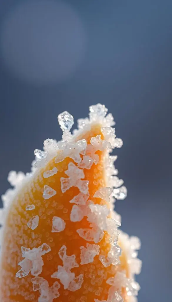 A close-up of delicate, translucent ice crystals glistening on the surface of a freshly harvested vegetable, such as a young carrot or leafy green. The frost-covered produce is set against a blurred, muted background, evoking the calm, serene atmosphere of an early spring morning. Soft, diffused lighting casts a gentle, ethereal glow, highlighting the intricate patterns and textures of the frozen droplets. The image conveys a sense of vulnerability and resilience, as the hardy crop stands resolute in the face of the late-season chill. A close-up of delicate, translucent ice crystals glistening on the surface of a freshly harvested vegetable, such as a young carrot or leafy green. The frost-covered produce is set against a blurred, muted background, evoking the calm, serene atmosphere of an early spring morning. Soft, diffused lighting casts a gentle, ethereal glow, highlighting the intricate patterns and textures of the frozen droplets. The image conveys a sense of vulnerability and resilience, as the hardy crop stands resolute in the face of the late-season chill.