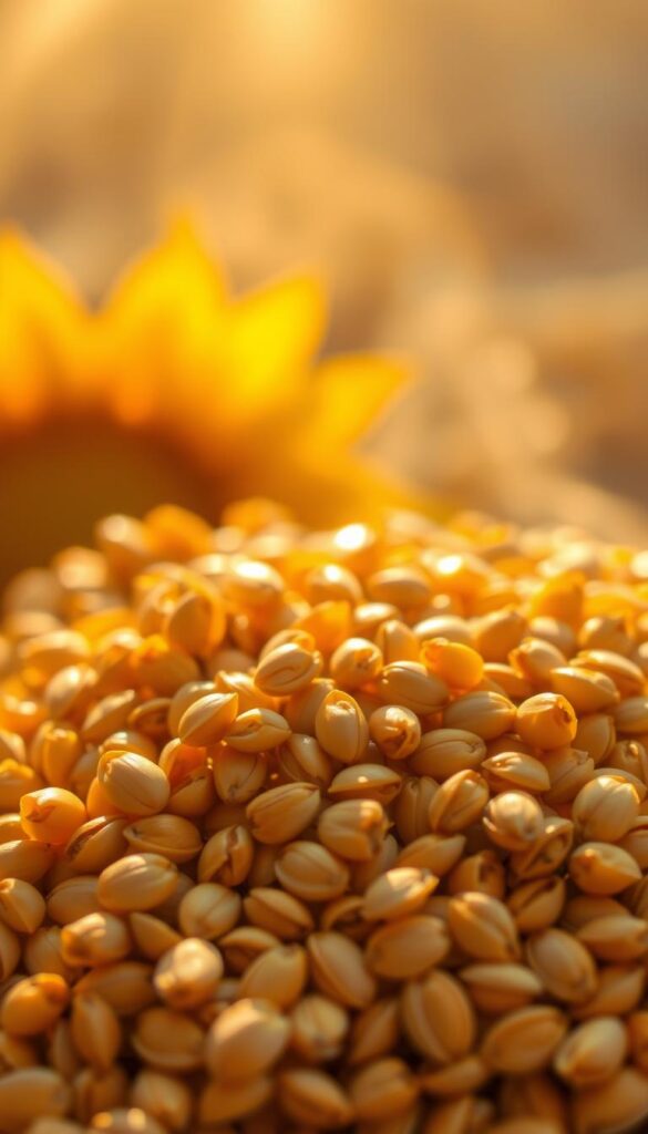 A close-up of freshly harvested sunflower seeds in their shells, backlit by soft, warm lighting that casts a golden glow. The seeds are arranged in a scattered, organic pattern, highlighting their natural beauty and texture. The background is slightly blurred, subtly suggesting an earthy, rustic setting that complements the sunflower theme. The overall composition emphasizes the vibrant colors, intricate patterns, and tactile quality of the sunflower seeds, inviting the viewer to appreciate the small yet essential elements that contribute to the growth and harvest of these iconic flowers. A close-up of freshly harvested sunflower seeds in their shells, backlit by soft, warm lighting that casts a golden glow. The seeds are arranged in a scattered, organic pattern, highlighting their natural beauty and texture. The background is slightly blurred, subtly suggesting an earthy, rustic setting that complements the sunflower theme. The overall composition emphasizes the vibrant colors, intricate patterns, and tactile quality of the sunflower seeds, inviting the viewer to appreciate the small yet essential elements that contribute to the growth and harvest of these iconic flowers.