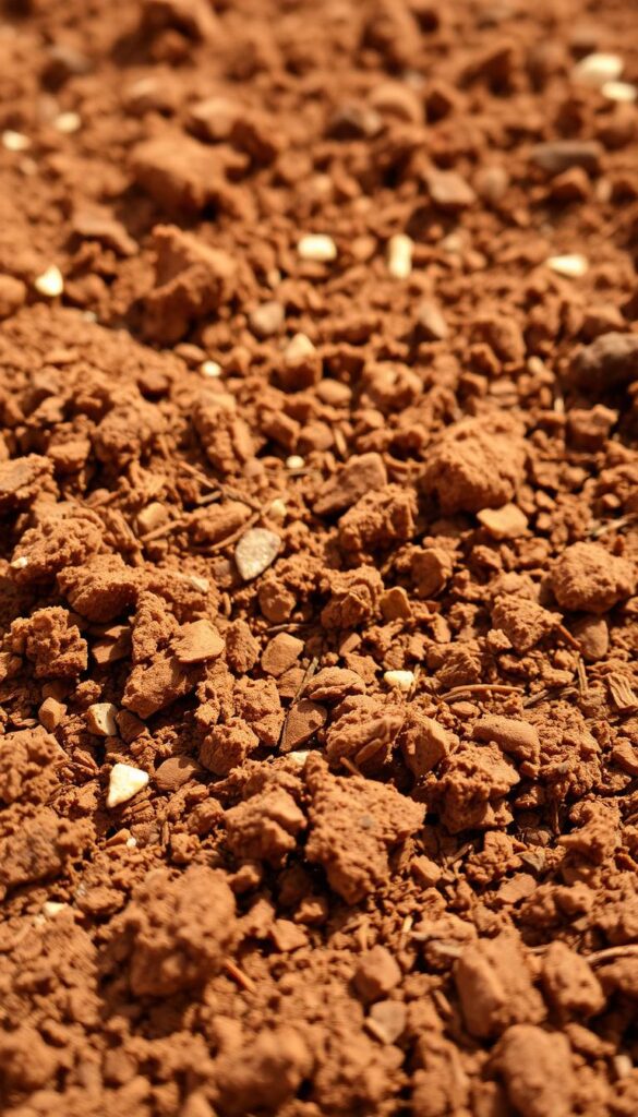 A close-up of freshly tilled, nutrient-rich garden soil, with a warm, earthy color and a finely textured surface. The soil appears moist and crumbly, with a slight sheen that suggests good drainage. The foreground is in sharp focus, revealing the intricate network of soil particles and organic matter. In the middle ground, small pebbles and bits of decomposing plant matter are visible, adding depth and visual interest. The background is slightly blurred, creating a sense of depth and emphasizing the soil as the central focus. The lighting is soft and diffused, casting subtle shadows that accentuate the soil's texture and structure. The overall mood is one of healthy, vibrant soil ready to support new growth. A close-up of freshly tilled, nutrient-rich garden soil, with a warm, earthy color and a finely textured surface. The soil appears moist and crumbly, with a slight sheen that suggests good drainage. The foreground is in sharp focus, revealing the intricate network of soil particles and organic matter. In the middle ground, small pebbles and bits of decomposing plant matter are visible, adding depth and visual interest. The background is slightly blurred, creating a sense of depth and emphasizing the soil as the central focus. The lighting is soft and diffused, casting subtle shadows that accentuate the soil's texture and structure. The overall mood is one of healthy, vibrant soil ready to support new growth.