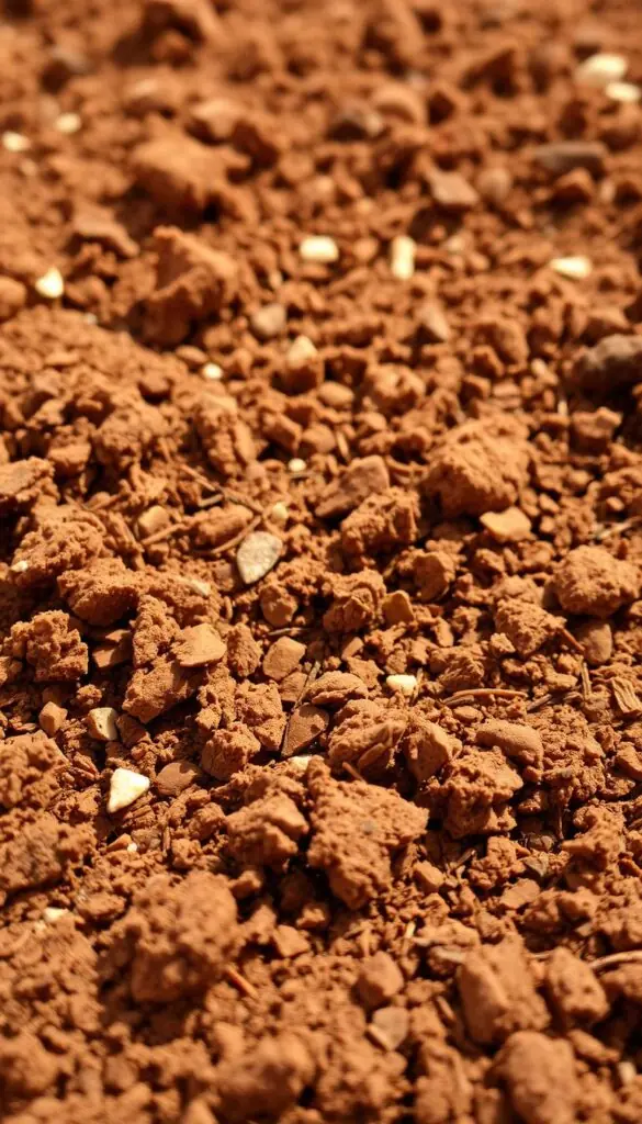A close-up of freshly tilled, nutrient-rich garden soil, with a warm, earthy color and a finely textured surface. The soil appears moist and crumbly, with a slight sheen that suggests good drainage. The foreground is in sharp focus, revealing the intricate network of soil particles and organic matter. In the middle ground, small pebbles and bits of decomposing plant matter are visible, adding depth and visual interest. The background is slightly blurred, creating a sense of depth and emphasizing the soil as the central focus. The lighting is soft and diffused, casting subtle shadows that accentuate the soil's texture and structure. The overall mood is one of healthy, vibrant soil ready to support new growth.