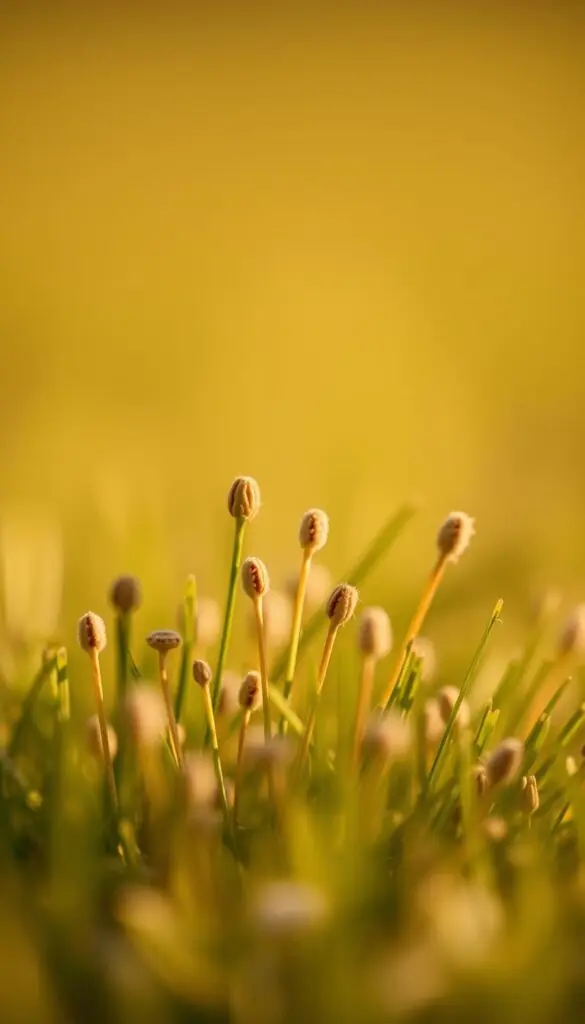A close-up of several individual grass seeds against a soft, blurred background. The seeds are shown in natural, warm lighting, capturing their intricate textures and subtle variations in color. The depth of field emphasizes the foreground focus, drawing the viewer's attention to the delicate details of the seeds. The overall mood is one of simplicity and close observation, inviting the viewer to appreciate the beauty and importance of these tiny, yet essential elements of lawn care and restoration.