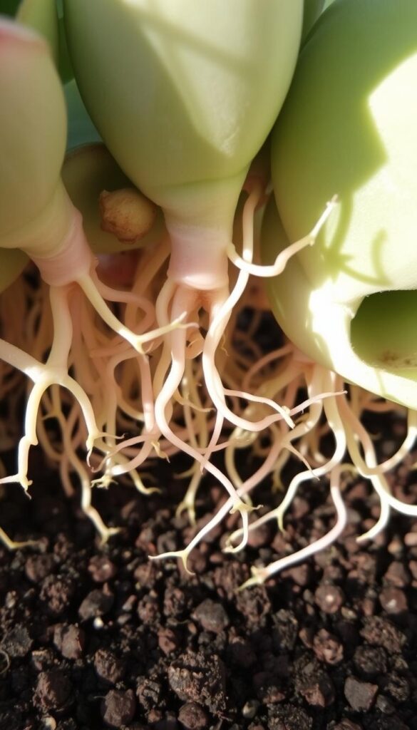 A close-up of succulent cuttings with delicate, translucent roots emerging from the leaf bases, gently curving and spreading outwards. The roots are in various stages of growth, some just starting to sprout, others more established. The leaves are plump and vibrant, casting soft, directional shadows on the soil below. The lighting is natural and diffused, illuminating the intricate details of the roots and leaves. The composition is balanced, with the cuttings filling the frame and the soil or potting mix visible in the background, creating a sense of depth and grounding the scene. A close-up of succulent cuttings with delicate, translucent roots emerging from the leaf bases, gently curving and spreading outwards. The roots are in various stages of growth, some just starting to sprout, others more established. The leaves are plump and vibrant, casting soft, directional shadows on the soil below. The lighting is natural and diffused, illuminating the intricate details of the roots and leaves. The composition is balanced, with the cuttings filling the frame and the soil or potting mix visible in the background, creating a sense of depth and grounding the scene.