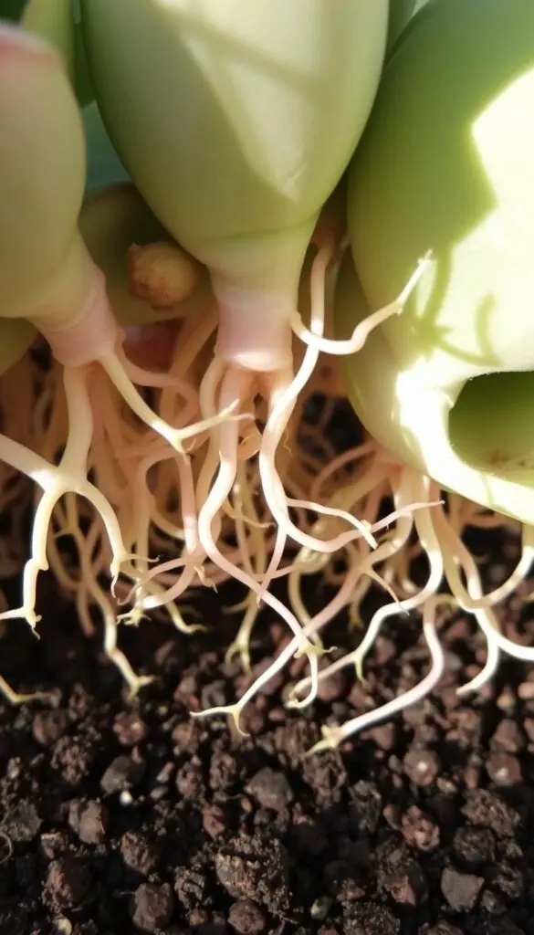 A close-up of succulent cuttings with delicate, translucent roots emerging from the leaf bases, gently curving and spreading outwards. The roots are in various stages of growth, some just starting to sprout, others more established. The leaves are plump and vibrant, casting soft, directional shadows on the soil below. The lighting is natural and diffused, illuminating the intricate details of the roots and leaves. The composition is balanced, with the cuttings filling the frame and the soil or potting mix visible in the background, creating a sense of depth and grounding the scene.