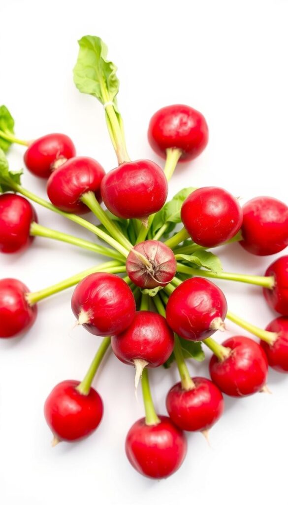 A close-up photograph of a bunch of freshly harvested, vibrant red radishes, their crisp leaves still attached, set against a plain white background. The radishes are arranged in a circular pattern, their tops facing outward, highlighting their striking color and texture. Soft, even lighting from above creates subtle shadows, accentuating the radishes' smooth, spherical shape and defining their distinct ridges. The image conveys a sense of simplicity, freshness, and the inherent appeal of these winter-hardy, fast-growing vegetables. A close-up photograph of a bunch of freshly harvested, vibrant red radishes, their crisp leaves still attached, set against a plain white background. The radishes are arranged in a circular pattern, their tops facing outward, highlighting their striking color and texture. Soft, even lighting from above creates subtle shadows, accentuating the radishes' smooth, spherical shape and defining their distinct ridges. The image conveys a sense of simplicity, freshness, and the inherent appeal of these winter-hardy, fast-growing vegetables.