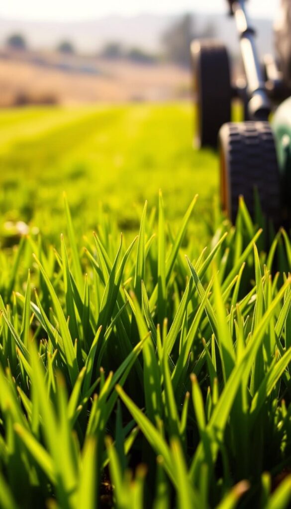 A close-up photograph of a freshly mowed lawn, showcasing the ideal mowing height. The foreground features lush, verdant grass blades standing at a precise 3-4 inch length, evenly cut with clean, sharp mower blades. The middle ground reveals a well-maintained lawn, with a subtle striped pattern from careful mowing. The background suggests a warm, sunlit day, with a hazy, blurred landscape in the distance, emphasizing the vibrant green of the lawn. The lighting is soft and natural, casting gentle shadows that highlight the texture and contours of the grass. The camera angle is slightly elevated, providing a detailed, eye-level view of the optimal mowing height for a healthy, thriving lawn. A close-up photograph of a freshly mowed lawn, showcasing the ideal mowing height. The foreground features lush, verdant grass blades standing at a precise 3-4 inch length, evenly cut with clean, sharp mower blades. The middle ground reveals a well-maintained lawn, with a subtle striped pattern from careful mowing. The background suggests a warm, sunlit day, with a hazy, blurred landscape in the distance, emphasizing the vibrant green of the lawn. The lighting is soft and natural, casting gentle shadows that highlight the texture and contours of the grass. The camera angle is slightly elevated, providing a detailed, eye-level view of the optimal mowing height for a healthy, thriving lawn.
