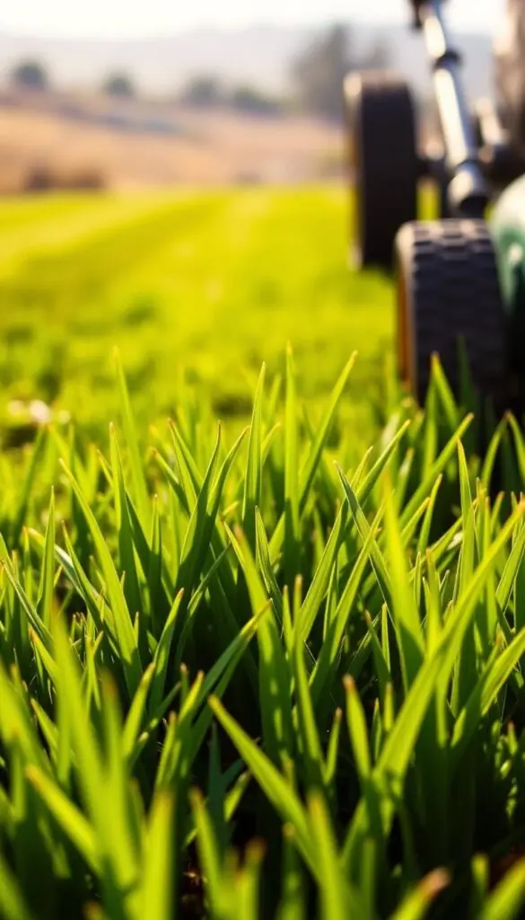 A close-up photograph of a freshly mowed lawn, showcasing the ideal mowing height. The foreground features lush, verdant grass blades standing at a precise 3-4 inch length, evenly cut with clean, sharp mower blades. The middle ground reveals a well-maintained lawn, with a subtle striped pattern from careful mowing. The background suggests a warm, sunlit day, with a hazy, blurred landscape in the distance, emphasizing the vibrant green of the lawn. The lighting is soft and natural, casting gentle shadows that highlight the texture and contours of the grass. The camera angle is slightly elevated, providing a detailed, eye-level view of the optimal mowing height for a healthy, thriving lawn.