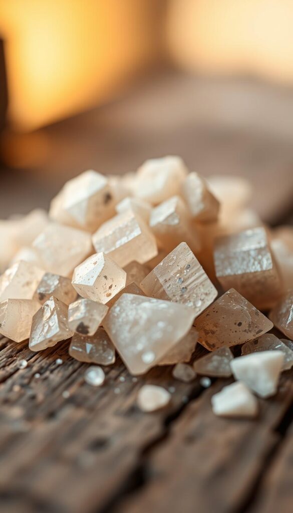 A close-up photograph of a handful of natural potassium-rich minerals, such as potassium feldspar or sylvite, arranged organically on a rustic wooden surface. The minerals have a vibrant, crystalline texture that catches the warm, diffused lighting from an off-camera source, creating a soft, golden glow. The depth of field is shallow, keeping the foreground minerals in sharp focus while the background is pleasantly blurred. The overall composition conveys the natural, earthy essence of this essential plant nutrient in a visually appealing and informative way.
