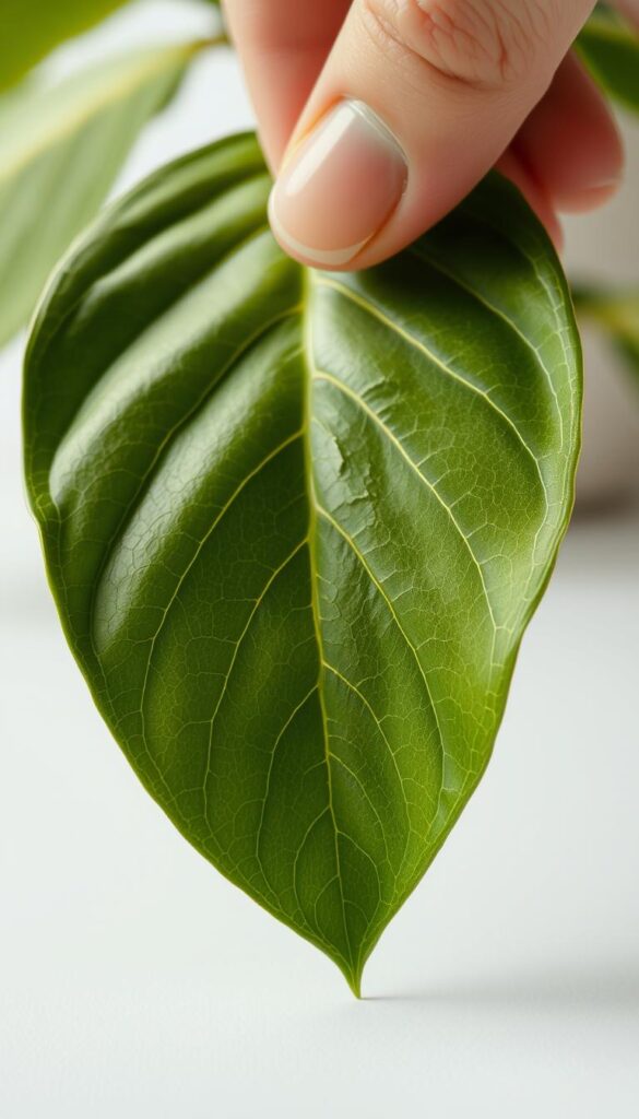 A close-up photograph of a lush, green plant leaf being carefully examined. The leaf fills the frame, with a soft, diffused lighting highlighting its intricate veins, delicate texture, and subtle hues. The leaf is positioned on a clean, neutral surface, allowing the viewer to focus on its natural beauty and details. The image conveys a sense of calm and attentiveness, as if the viewer is taking the time to carefully assess the condition and health of the plant's foliage.