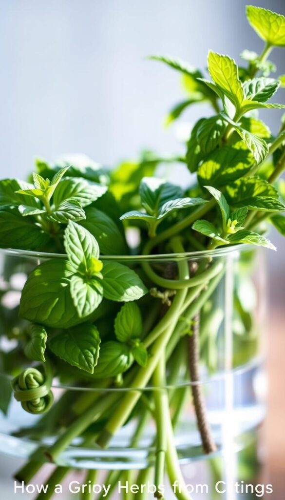 A close-up photograph of a lush, verdant arrangement of fresh basil and mint stems partially submerged in a glass container filled with clear, still water. The leaves and stems are illuminated by soft, diffused natural light, casting gentle shadows and highlights that accentuate their delicate textures and vibrant green hues. The composition is balanced, with the herbs occupying the foreground and middle ground, while the background is blurred and ethereal, creating a sense of depth and focus on the botanicals. The overall mood is serene, calming, and inviting, evoking a sense of nurture and growth, perfectly suited to illustrate the "Plant-by-Plant Notes" section of the "How to Grow Herbs from Cuttings" article. A close-up photograph of a lush, verdant arrangement of fresh basil and mint stems partially submerged in a glass container filled with clear, still water. The leaves and stems are illuminated by soft, diffused natural light, casting gentle shadows and highlights that accentuate their delicate textures and vibrant green hues. The composition is balanced, with the herbs occupying the foreground and middle ground, while the background is blurred and ethereal, creating a sense of depth and focus on the botanicals. The overall mood is serene, calming, and inviting, evoking a sense of nurture and growth, perfectly suited to illustrate the "Plant-by-Plant Notes" section of the "How to Grow Herbs from Cuttings" article.