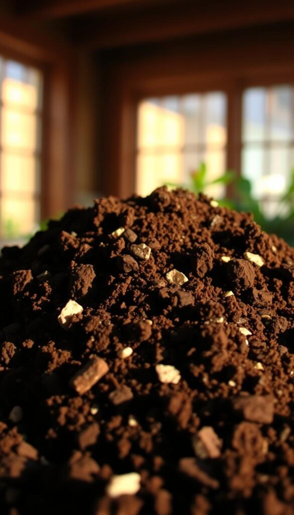 A close-up photograph of a mound of rich, dark-brown potting mix, soft and crumbly in texture, with visible bits of organic matter and perlite mixed throughout. The mix is illuminated by warm, natural lighting from a window, casting gentle shadows that accentuate its depth and layers. The foreground is in sharp focus, while the background is slightly blurred, creating a sense of depth and drawing the viewer's attention to the detailed texture and composition of the soil. The overall mood is one of inviting warmth and the promise of new growth, suitable for illustrating the section on "Potting Up New Roots: From Jar or Tray to Pots and Beds". A close-up photograph of a mound of rich, dark-brown potting mix, soft and crumbly in texture, with visible bits of organic matter and perlite mixed throughout. The mix is illuminated by warm, natural lighting from a window, casting gentle shadows that accentuate its depth and layers. The foreground is in sharp focus, while the background is slightly blurred, creating a sense of depth and drawing the viewer's attention to the detailed texture and composition of the soil. The overall mood is one of inviting warmth and the promise of new growth, suitable for illustrating the section on "Potting Up New Roots: From Jar or Tray to Pots and Beds".