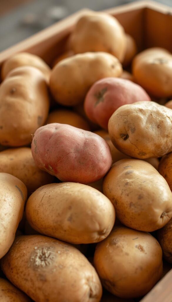 A close-up photograph of several organic, disease-free potato tubers with smooth, unblemished skins in a variety of earthy hues - russet, red, and yellow. The potatoes are nestled in a shallow wooden crate or tray, with a soft, natural light illuminating their textures and highlighting their distinct shapes. The background is out of focus, creating a sense of depth and focus on the subject. The overall mood is one of simplicity, freshness, and the bounty of the earth. A close-up photograph of several organic, disease-free potato tubers with smooth, unblemished skins in a variety of earthy hues - russet, red, and yellow. The potatoes are nestled in a shallow wooden crate or tray, with a soft, natural light illuminating their textures and highlighting their distinct shapes. The background is out of focus, creating a sense of depth and focus on the subject. The overall mood is one of simplicity, freshness, and the bounty of the earth.