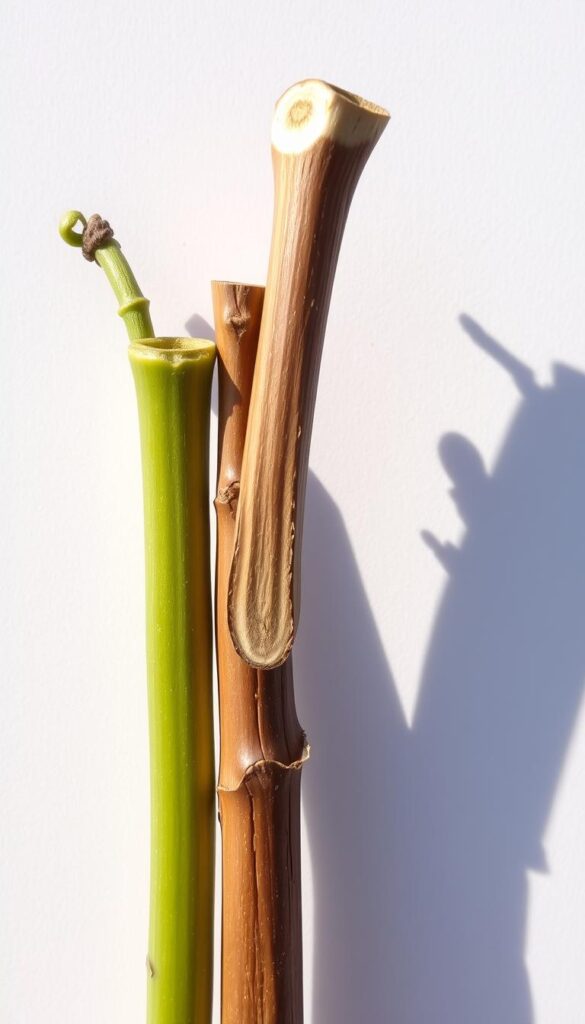A close-up photograph of three distinct stems, showcasing their unique textures and cross-sections. The softwood stem is green, supple, and flexible, the semi-hardwood stem is slightly woody with a hint of brown, and the hardwood stem is sturdy, lignified, and deeply colored. The stems are lit from the side, casting dramatic shadows that accentuate their dimensional qualities. The background is clean and minimalist, allowing the viewers to focus on the key differences between the stem types. The overall mood is one of botanical study and educational illustration, capturing the essential details needed to understand the optimal cuttings for herb propagation. A close-up photograph of three distinct stems, showcasing their unique textures and cross-sections. The softwood stem is green, supple, and flexible, the semi-hardwood stem is slightly woody with a hint of brown, and the hardwood stem is sturdy, lignified, and deeply colored. The stems are lit from the side, casting dramatic shadows that accentuate their dimensional qualities. The background is clean and minimalist, allowing the viewers to focus on the key differences between the stem types. The overall mood is one of botanical study and educational illustration, capturing the essential details needed to understand the optimal cuttings for herb propagation.