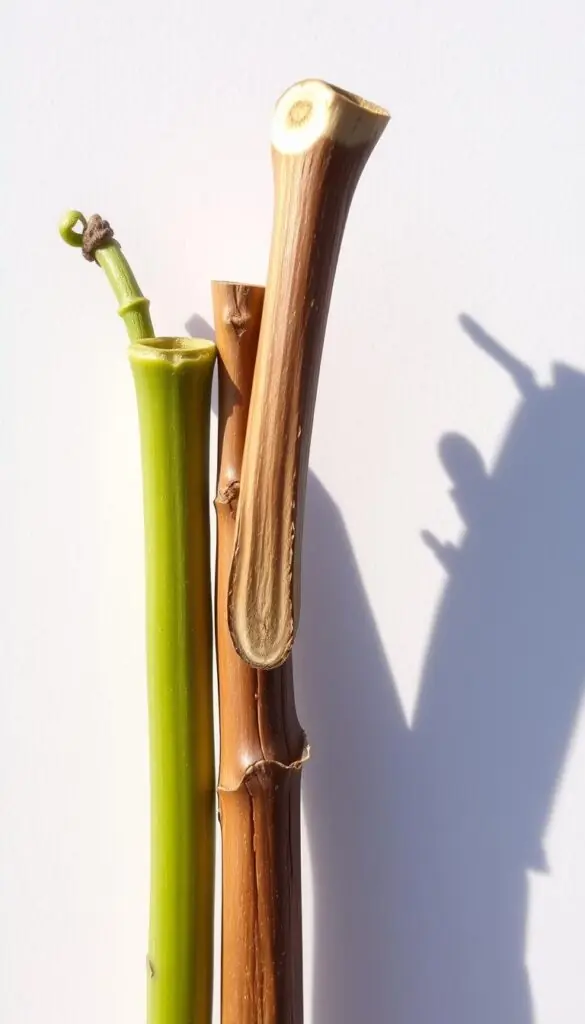 A close-up photograph of three distinct stems, showcasing their unique textures and cross-sections. The softwood stem is green, supple, and flexible, the semi-hardwood stem is slightly woody with a hint of brown, and the hardwood stem is sturdy, lignified, and deeply colored. The stems are lit from the side, casting dramatic shadows that accentuate their dimensional qualities. The background is clean and minimalist, allowing the viewers to focus on the key differences between the stem types. The overall mood is one of botanical study and educational illustration, capturing the essential details needed to understand the optimal cuttings for herb propagation. A close-up photograph of three distinct stems, showcasing their unique textures and cross-sections. The softwood stem is green, supple, and flexible, the semi-hardwood stem is slightly woody with a hint of brown, and the hardwood stem is sturdy, lignified, and deeply colored. The stems are lit from the side, casting dramatic shadows that accentuate their dimensional qualities. The background is clean and minimalist, allowing the viewers to focus on the key differences between the stem types. The overall mood is one of botanical study and educational illustration, capturing the essential details needed to understand the optimal cuttings for herb propagation.