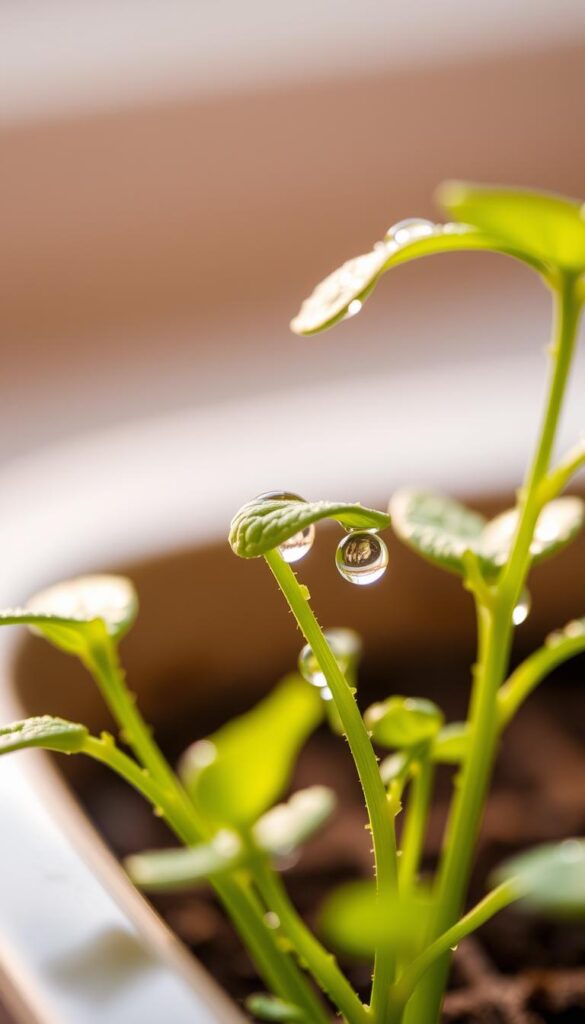 A close-up photograph of water droplets delicately forming on the leaves and stems of vibrant, young seedlings. The seedlings are set against a soft, blurred background, allowing the moisture to be the focal point. Warm, natural lighting gently illuminates the scene, creating a serene, almost ethereal atmosphere. The image is captured with a shallow depth of field, emphasizing the intricate details and textures of the water droplets as they cling to the verdant foliage. This visually striking representation of the essential moisture balance needed for healthy seedling growth perfectly illustrates the "Daily care: water, air, and humidity balance" section of the article. A close-up photograph of water droplets delicately forming on the leaves and stems of vibrant, young seedlings. The seedlings are set against a soft, blurred background, allowing the moisture to be the focal point. Warm, natural lighting gently illuminates the scene, creating a serene, almost ethereal atmosphere. The image is captured with a shallow depth of field, emphasizing the intricate details and textures of the water droplets as they cling to the verdant foliage. This visually striking representation of the essential moisture balance needed for healthy seedling growth perfectly illustrates the "Daily care: water, air, and humidity balance" section of the article.