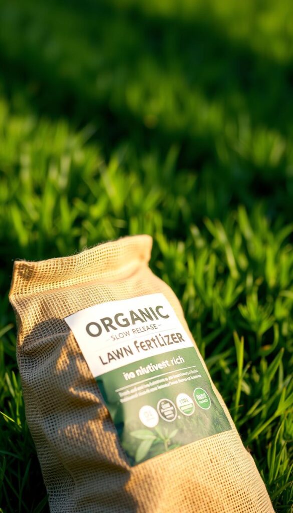 A close-up shot of a bag of organic, slow-release lawn fertilizer against a blurred background of a lush, green lawn. The bag is made of burlap or paper material, with clear labeling showcasing its nutrient-rich composition. Soft, warm lighting illuminates the texture of the fertilizer, casting subtle shadows that accentuate its natural appearance. The overall composition conveys a sense of care, attention to detail, and the importance of proper lawn nourishment during the summer months.
