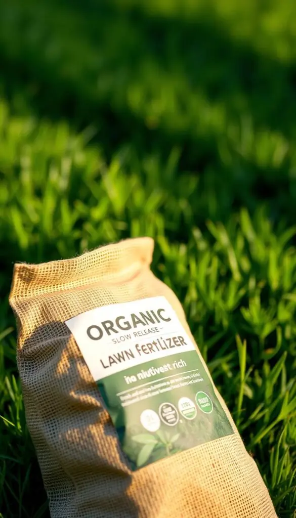 A close-up shot of a bag of organic, slow-release lawn fertilizer against a blurred background of a lush, green lawn. The bag is made of burlap or paper material, with clear labeling showcasing its nutrient-rich composition. Soft, warm lighting illuminates the texture of the fertilizer, casting subtle shadows that accentuate its natural appearance. The overall composition conveys a sense of care, attention to detail, and the importance of proper lawn nourishment during the summer months. A close-up shot of a bag of organic, slow-release lawn fertilizer against a blurred background of a lush, green lawn. The bag is made of burlap or paper material, with clear labeling showcasing its nutrient-rich composition. Soft, warm lighting illuminates the texture of the fertilizer, casting subtle shadows that accentuate its natural appearance. The overall composition conveys a sense of care, attention to detail, and the importance of proper lawn nourishment during the summer months.
