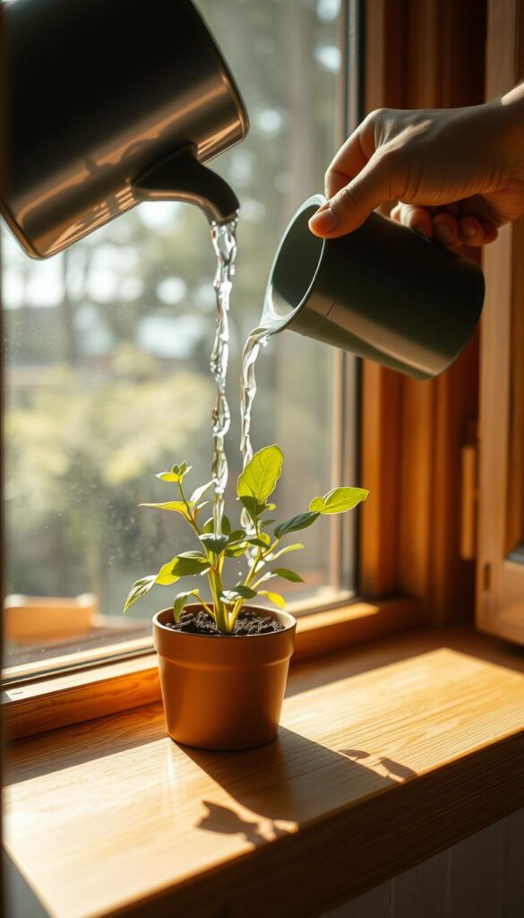 A close-up shot of a delicate hand watering a small indoor plant on a wooden window sill, sunlight streaming in through the glass and casting a warm, natural glow. The water gently cascades from the watering can, nourishing the lush green leaves and soil. The plant's vibrant foliage stands in contrast to the clean, minimalist window frame, creating a harmonious, soothing scene. The composition is balanced, with the hand and watering can in the foreground, the plant in the middle ground, and the window's architectural details in the background. The overall mood is one of tranquility, care, and the simple pleasure of tending to a living, thriving greenery.