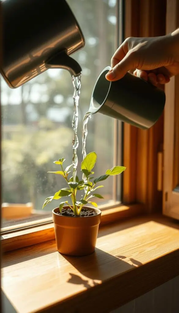 A close-up shot of a delicate hand watering a small indoor plant on a wooden window sill, sunlight streaming in through the glass and casting a warm, natural glow. The water gently cascades from the watering can, nourishing the lush green leaves and soil. The plant's vibrant foliage stands in contrast to the clean, minimalist window frame, creating a harmonious, soothing scene. The composition is balanced, with the hand and watering can in the foreground, the plant in the middle ground, and the window's architectural details in the background. The overall mood is one of tranquility, care, and the simple pleasure of tending to a living, thriving greenery. A close-up shot of a delicate hand watering a small indoor plant on a wooden window sill, sunlight streaming in through the glass and casting a warm, natural glow. The water gently cascades from the watering can, nourishing the lush green leaves and soil. The plant's vibrant foliage stands in contrast to the clean, minimalist window frame, creating a harmonious, soothing scene. The composition is balanced, with the hand and watering can in the foreground, the plant in the middle ground, and the window's architectural details in the background. The overall mood is one of tranquility, care, and the simple pleasure of tending to a living, thriving greenery.