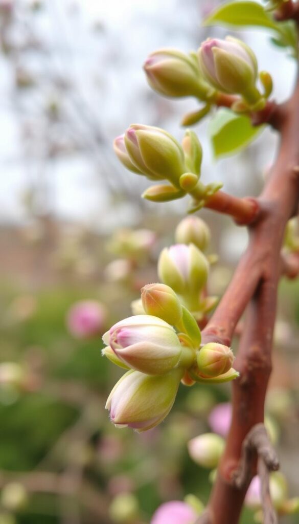 A close-up shot of a flowering shrub's branch, showcasing the intricate details of budding growth. The foreground features delicate, swollen buds in various stages of opening, their soft, fuzzy textures contrasting with the smooth, slender stems. The middle ground reveals a mix of emerging leaves and partially unfurled blossoms, their vibrant greens and pinks hinting at the plant's dynamic life cycle. The background is blurred, allowing the viewer to focus on the technical aspects of proper pruning, such as the ideal angle and placement of the cuts to encourage a full, natural shape. Soft, diffused lighting accentuates the delicate structures, evoking a sense of care and attention required for pruning to maximize the plant's potential. A close-up shot of a flowering shrub's branch, showcasing the intricate details of budding growth. The foreground features delicate, swollen buds in various stages of opening, their soft, fuzzy textures contrasting with the smooth, slender stems. The middle ground reveals a mix of emerging leaves and partially unfurled blossoms, their vibrant greens and pinks hinting at the plant's dynamic life cycle. The background is blurred, allowing the viewer to focus on the technical aspects of proper pruning, such as the ideal angle and placement of the cuts to encourage a full, natural shape. Soft, diffused lighting accentuates the delicate structures, evoking a sense of care and attention required for pruning to maximize the plant's potential.