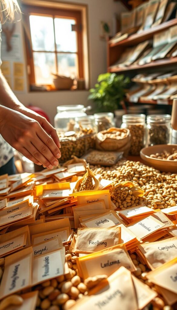 A close-up shot of a gardener's hands carefully collecting and sorting heirloom vegetable seeds. The foreground shows an array of small paper envelopes, each neatly labeled with the plant variety. Sunlight streams in from a window, casting a warm glow on the arrangement. In the middle ground, jars and bowls hold a variety of dried seed pods and husks, ready to be processed. The background reveals shelves lined with seed packets, a testament to the gardener's passion for preserving genetic diversity. The overall atmosphere conveys a sense of reverence and mindfulness towards the act of seed saving, a vital tradition for sustainable food production. A close-up shot of a gardener's hands carefully collecting and sorting heirloom vegetable seeds. The foreground shows an array of small paper envelopes, each neatly labeled with the plant variety. Sunlight streams in from a window, casting a warm glow on the arrangement. In the middle ground, jars and bowls hold a variety of dried seed pods and husks, ready to be processed. The background reveals shelves lined with seed packets, a testament to the gardener's passion for preserving genetic diversity. The overall atmosphere conveys a sense of reverence and mindfulness towards the act of seed saving, a vital tradition for sustainable food production.