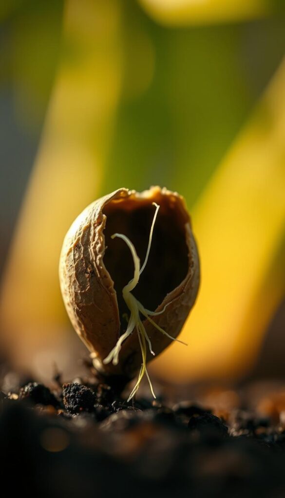 A close-up shot of a germinating seed, its husk cracking open to reveal delicate white tendrils of new life emerging. The foreground is sharply focused, showing the intricate details of the seed's structure and the fragile rootlets reaching downward. The background is softly blurred, creating a sense of depth and emphasizing the subject. Warm, natural lighting illuminates the scene, casting gentle shadows that accentuate the textures and forms. The composition is centered, drawing the viewer's eye to the captivating process of germination, a crucial first step in the growth of a thriving indoor herb garden.