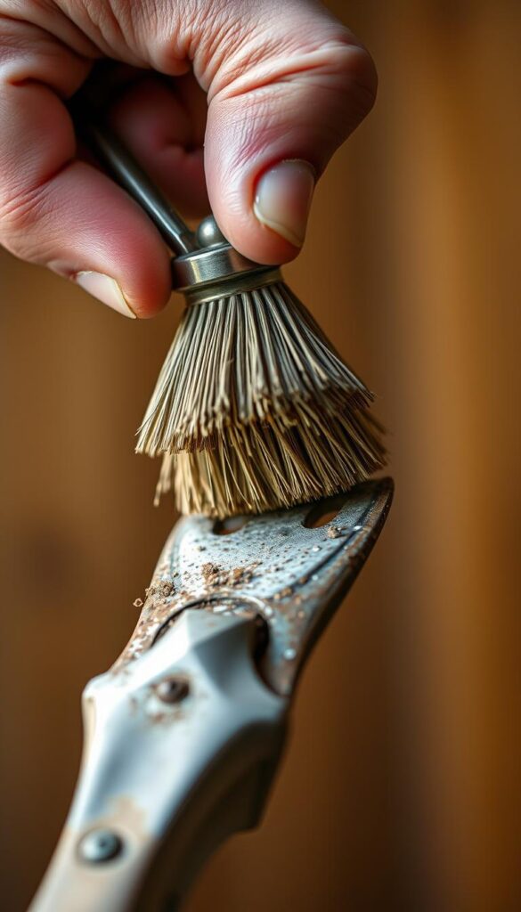 A close-up shot of a hand firmly gripping a sturdy wire brush, the bristles gently sweeping across the surface of a weathered garden tool, removing traces of rust and debris. The tool's metallic surface reflects the warm, diffused lighting, creating a softly-lit, almost meditative atmosphere. The background is blurred, placing the focus entirely on the delicate, yet methodical cleaning process - a crucial step in preparing garden tools for winter storage and preservation.