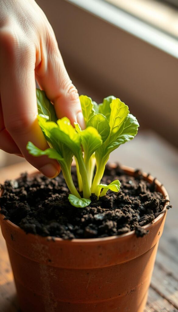 A close-up shot of a hand gently planting lettuce cuttings in a small pot filled with rich, dark soil. The cuttings are fresh and green, with vibrant leaves. The hand is positioned delicately, showcasing the care and attention being given to the regrowth process. The background is blurred, creating a sense of focus and emphasis on the foreground. Soft, natural lighting illuminates the scene, casting warm shadows and highlights that accentuate the textures of the soil and vegetation. The overall mood is one of calm, nurturing, and the satisfaction of watching something grow from a humble kitchen scrap. A close-up shot of a hand gently planting lettuce cuttings in a small pot filled with rich, dark soil. The cuttings are fresh and green, with vibrant leaves. The hand is positioned delicately, showcasing the care and attention being given to the regrowth process. The background is blurred, creating a sense of focus and emphasis on the foreground. Soft, natural lighting illuminates the scene, casting warm shadows and highlights that accentuate the textures of the soil and vegetation. The overall mood is one of calm, nurturing, and the satisfaction of watching something grow from a humble kitchen scrap.