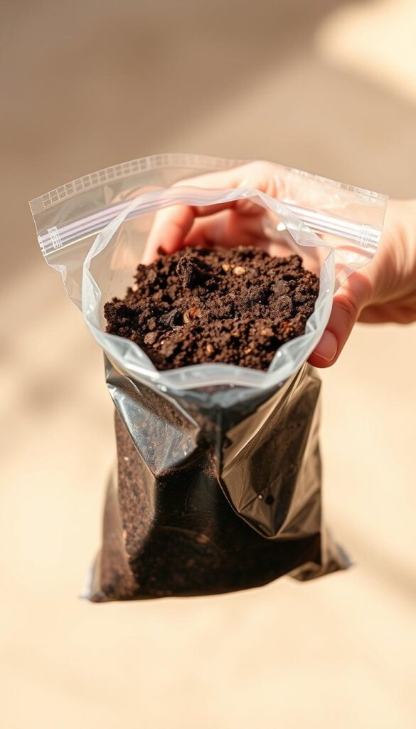 A close-up shot of a hand holding a soil sample in a clear plastic bag, set against a neutral background. The soil is a rich, dark brown color with visible organic matter. The lighting is soft and natural, creating a warm, inviting atmosphere. The image is captured with a shallow depth of field, allowing the soil sample to be the focal point. The overall composition conveys the importance of understanding the condition of your lawn's soil before applying any fertilizers or treatments. A close-up shot of a hand holding a soil sample in a clear plastic bag, set against a neutral background. The soil is a rich, dark brown color with visible organic matter. The lighting is soft and natural, creating a warm, inviting atmosphere. The image is captured with a shallow depth of field, allowing the soil sample to be the focal point. The overall composition conveys the importance of understanding the condition of your lawn's soil before applying any fertilizers or treatments.
