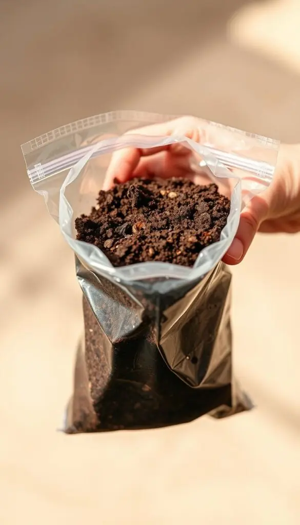 A close-up shot of a hand holding a soil sample in a clear plastic bag, set against a neutral background. The soil is a rich, dark brown color with visible organic matter. The lighting is soft and natural, creating a warm, inviting atmosphere. The image is captured with a shallow depth of field, allowing the soil sample to be the focal point. The overall composition conveys the importance of understanding the condition of your lawn's soil before applying any fertilizers or treatments.