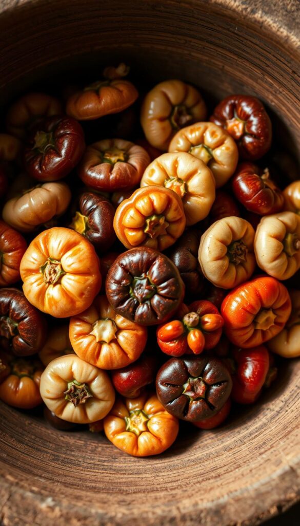 A close-up shot of a handful of diverse heirloom tomato seeds, nestled in a rustic wooden bowl. The seeds are rendered in vibrant, high-contrast detail, highlighting their unique shapes, textures, and colors - from deep burgundy to pale ivory, with intricate patterns. The lighting is soft and natural, casting gentle shadows that accentuate the depth and dimensionality of the seeds. The background is pleasantly blurred, allowing the seeds to take center stage and convey a sense of simplicity, potential, and the promise of future growth.