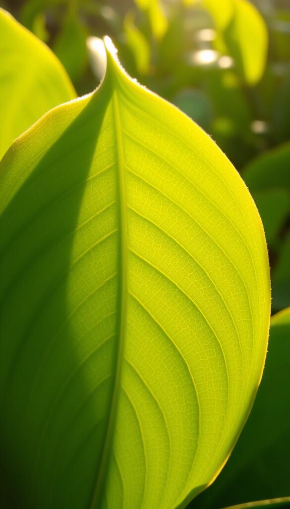 A close-up shot of a lush, verdant leaf, its surface glistening with a slight dew. The leaf is backlit, creating a soft, natural halo around the edges and highlighting the delicate veins that run through it. The lighting is warm and diffused, casting gentle shadows that add depth and dimension to the image. The leaf is the central focus, occupying the majority of the frame, with a blurred, out-of-focus background that hints at the plant's surroundings. The overall mood is one of tranquility and natural beauty, inviting the viewer to appreciate the intricate details of this botanical specimen.