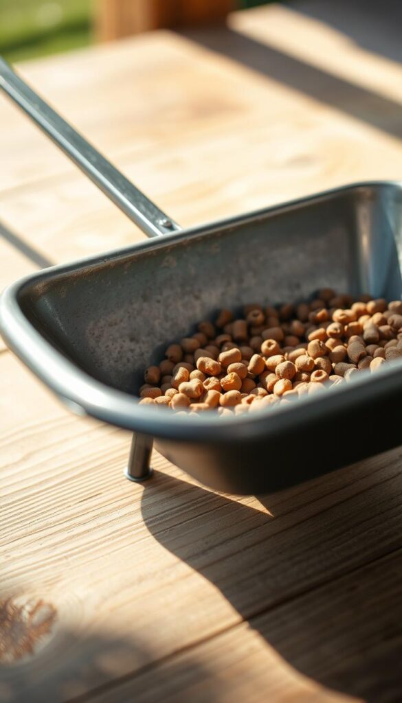A close-up shot of a metal garden spreader, resting on a wooden surface. The spreader's hopper is filled with small, round, brown pellets, casting subtle shadows. The tool's handle is positioned at an angle, suggesting readiness for use. The scene is illuminated by natural, soft lighting, creating a warm, inviting atmosphere. The background is slightly blurred, keeping the focus on the detailed, textured surface of the spreader itself.
